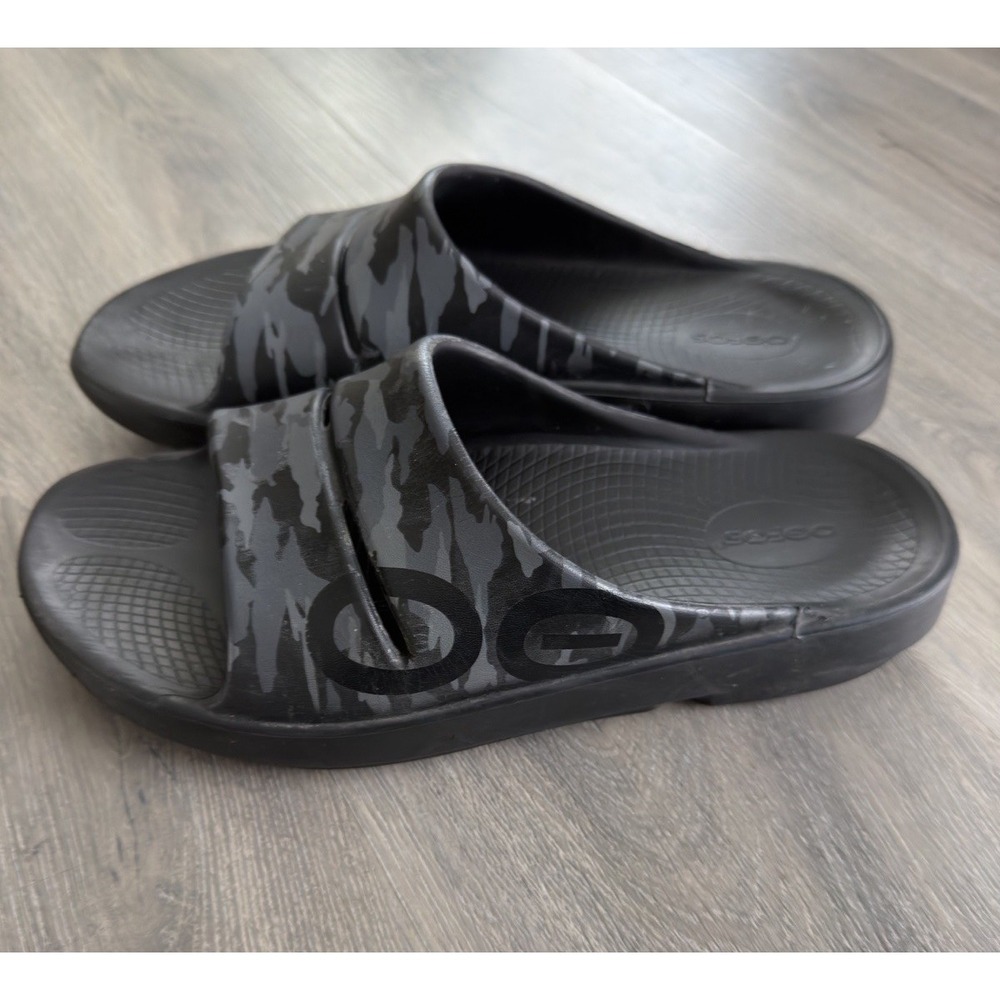 Oofos OOahh Sport Flex Slide Sandals Gray Black Camo Recovery Foam M 10 W12